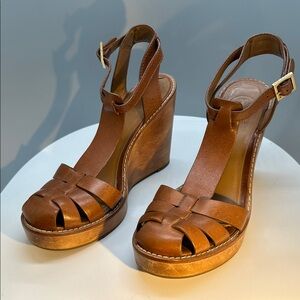 TORY BURCH | LIGHT BROWN | RIVER T BAR | LEATHER |  WEDGE SANDALS